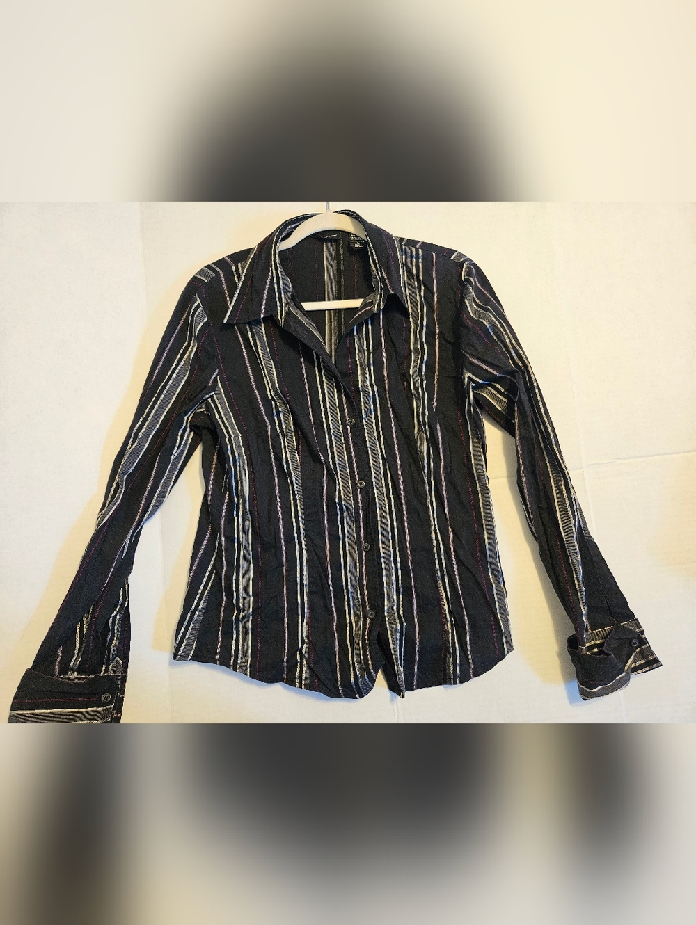 New York & Company Black Button-Down Shirt with Silver and Red Stripes